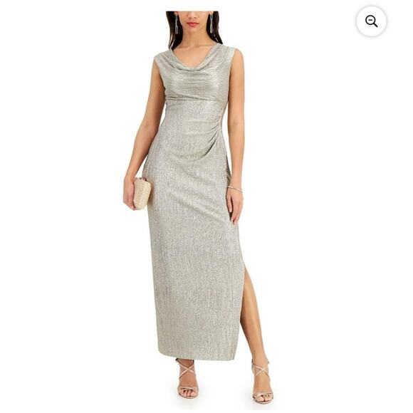 CONNECTED APPAREL Gold Slitted Metallic Sleeveless Cowl Neck Maxi Sheath Dress - Picture 1 of 11